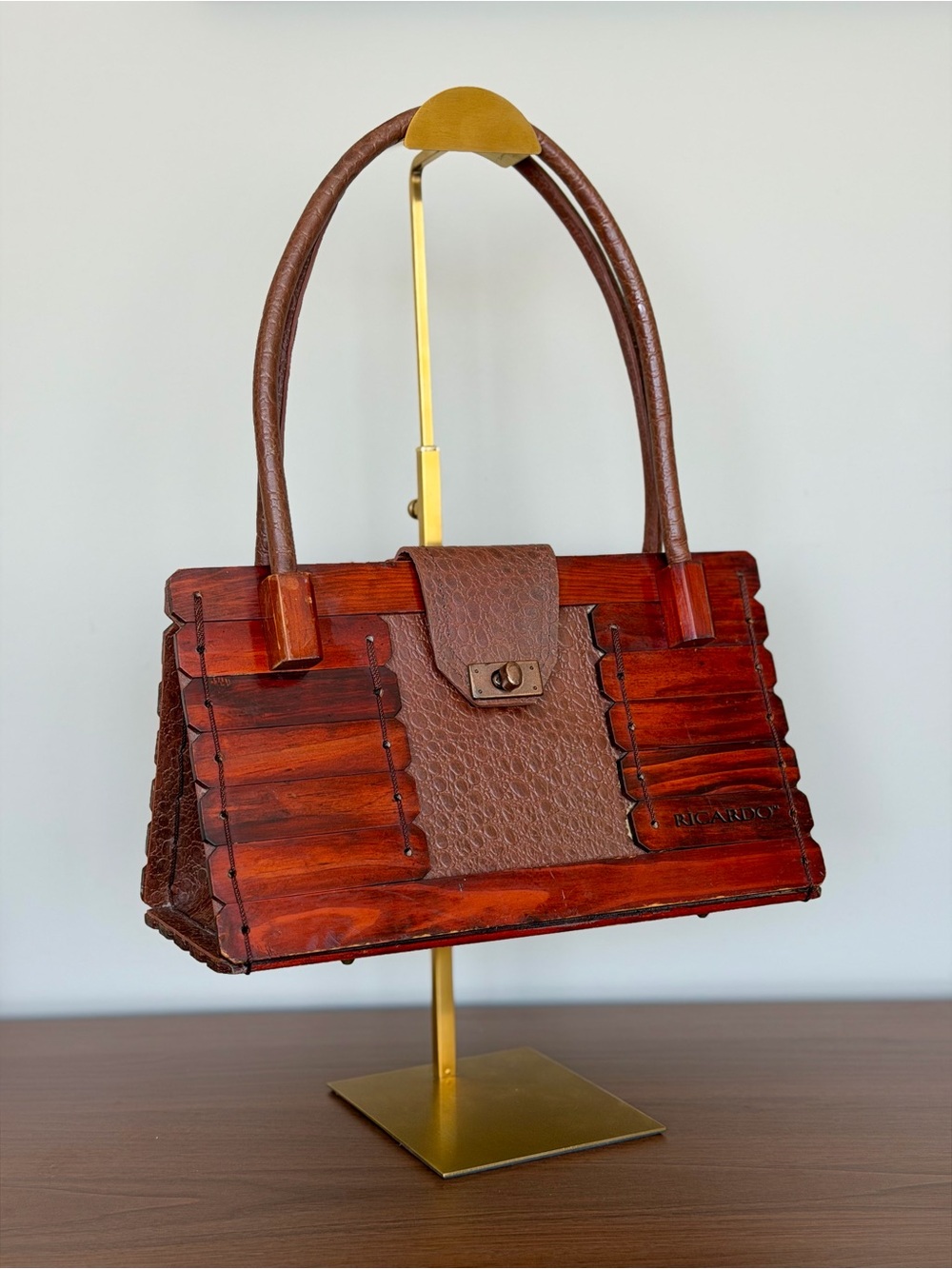 Vintage Ricardo Wood Leather Shoulder Bag